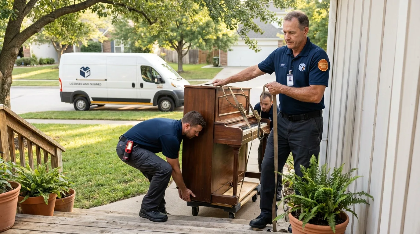 Licensed piano movers securing grand piano in West Memphis, AR