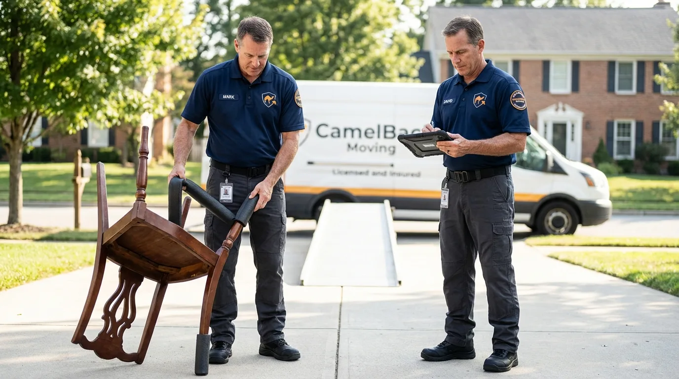 Movers inspecting furniture for damage prevention before loading in West Memphis, AR
