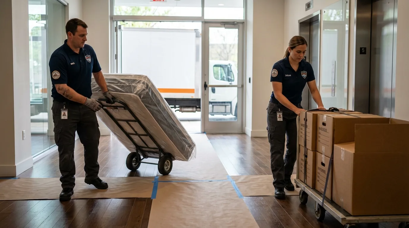 Professional apartment movers loading elevator in West Memphis, AR